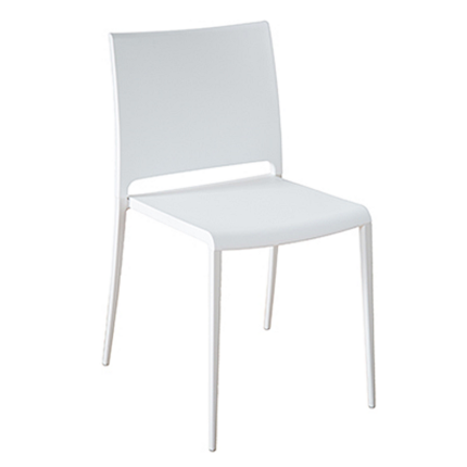 Stuhl Mya, weiß, stapelbar, reihenverbindbar (ohne Aufpreis). Sitzschale: Polypropylen, Gestell: Druckguss-Aluminium, pulverbeschichtet.