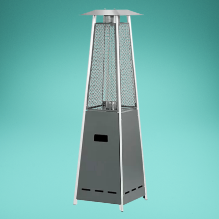 Pyramidenheizstrahler, mit sichtbarer Flamme in Glasröhre, Höhe 182 cm, Gasbetrieb